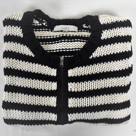 LOFT Sweater L Blue White Stripe Crew Neck Zip Front CottonLong Sleeve - Picture 7 of 7